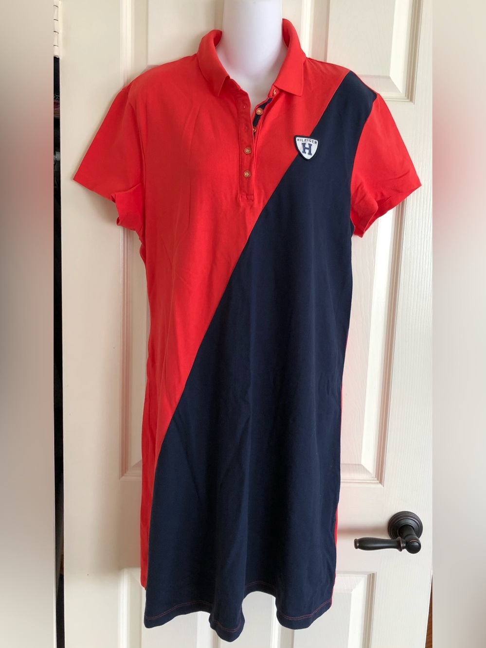 Tommy Hilfiger women shirt dress Red and Navy Diagonal Block Polo